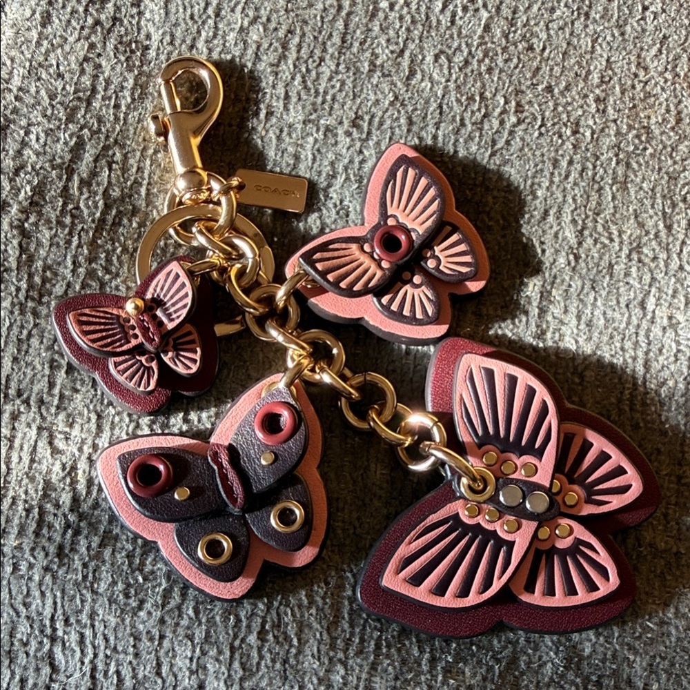 COACH Pink Burgundy Gold Dimensional Layered Butterfly Bag Charm Keyring NWOT